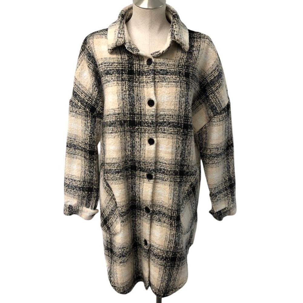 RD Style Shacket Womens Medium Cream Black Plaid Long Button Front Coat Oversize